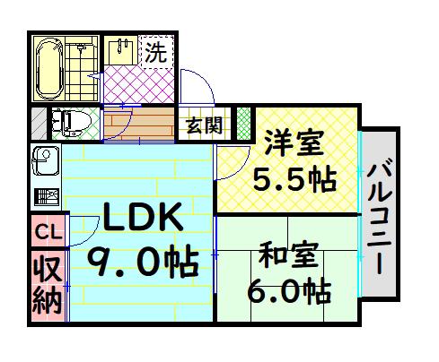 ラ・コートオオトリ(2DK/2階)の間取り写真