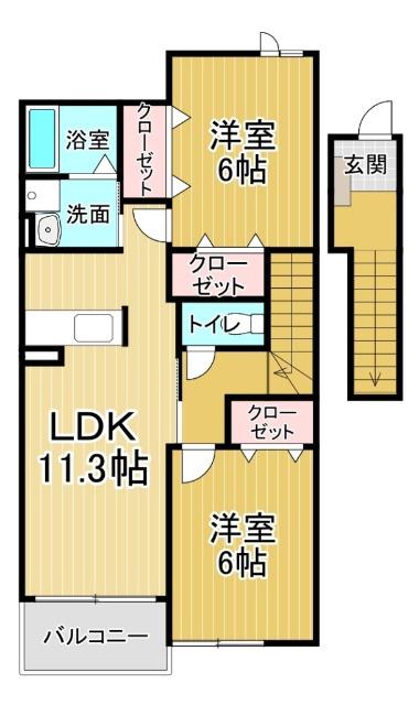ドゥ・プルミエール B(2LDK/2階)の間取り写真