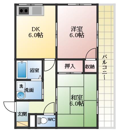 近鉄長野線 喜志駅 徒歩1分 5階建 築35年(2DK/2階)の間取り写真