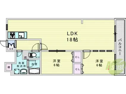 コスモハイツ新大阪(2LDK/9階)の間取り写真
