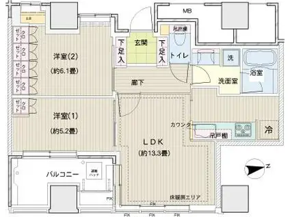 ロイヤルタワー横濱鶴見(2LDK/9階)の間取り写真