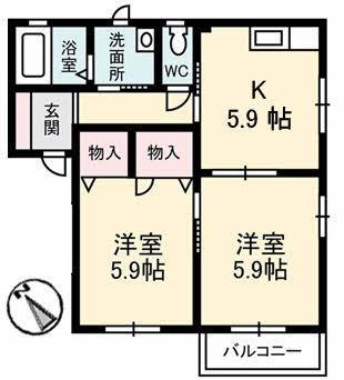パルクマンションⅡ棟(2K/2階)の間取り写真