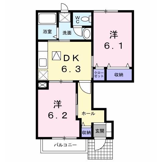 カーサ アンソレイユS(2DK/1階)の間取り写真