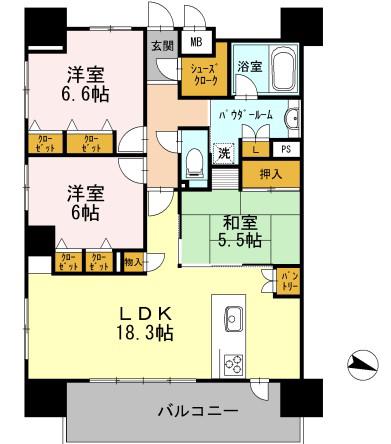 ロイヤルパークスERささしま イースト(3LDK/16階)の間取り写真