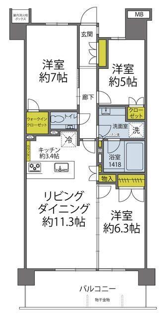 プレミスト千葉公園(3LDK/7階)の間取り写真