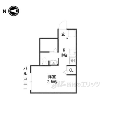 フェリス城陽(1K/1階)の間取り写真