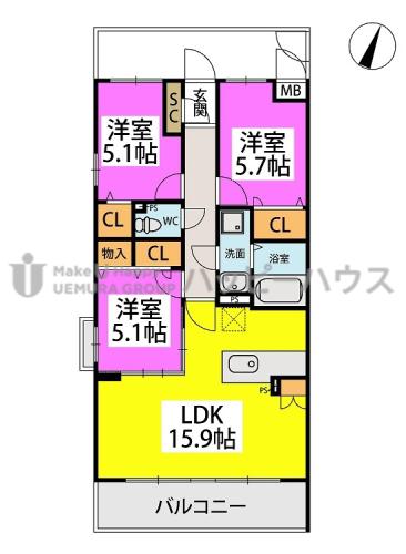 福岡県糟屋郡志免町 5階建 築5年(3LDK/4階)の間取り写真