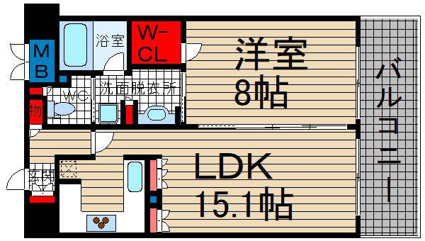 リーガル江戸堀ウエストパーク 家具類付(1LDK/5階)の間取り写真