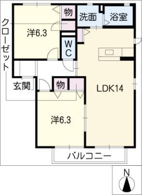 サンシャイン八丁D棟(2LDK/2階)の間取り写真