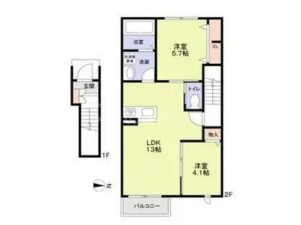 VILLA DE GRACE B棟(1LDK/2階)の間取り写真