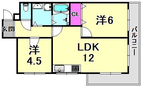 フェイバリー甲東園II(2LDK/3階)の間取り写真