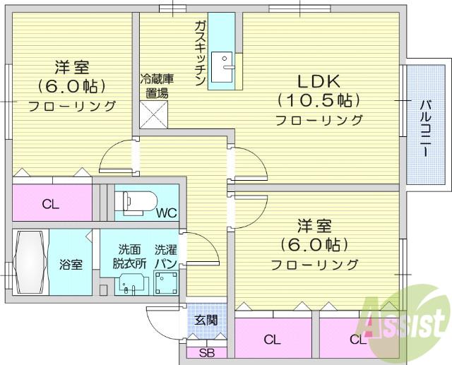 グローリオ城南B(2LDK/1階)の間取り写真