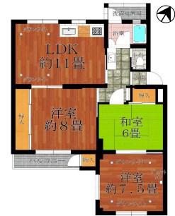 鶴甲コーポ 1号館(3LDK/4階)の間取り写真