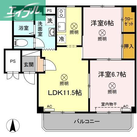 グランデュール高柳 A棟(2LDK/3階)の間取り写真