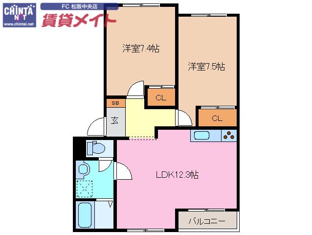 グリーンコーポ セブンズ シルクD(2LDK/2階)の間取り写真