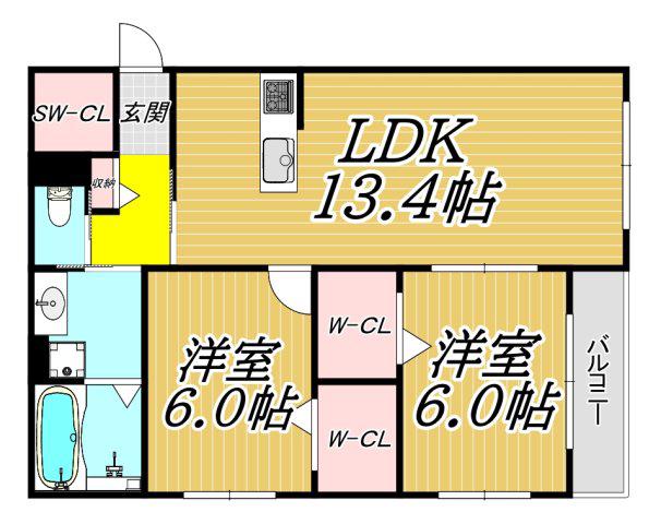 ルミエール野間北(2LDK/1階)の間取り写真
