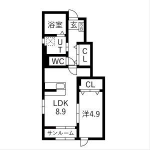 ヴィルヌーブIII(1LDK/1階)の間取り写真