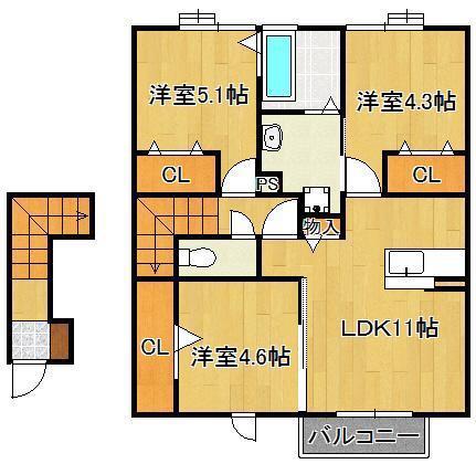サンヒルズ愛坂 B棟(3LDK/2階)の間取り写真