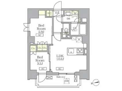 ザ・ライオンズフォーシア文京湯島(2LDK/2階)の間取り写真