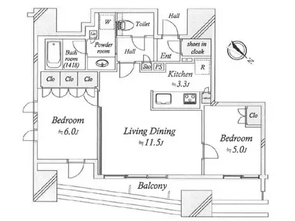 ローレルアイ恵比寿ピアース(2LDK/14階)の間取り写真