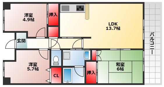 グレイスハイツ(3LDK/6階)の間取り写真
