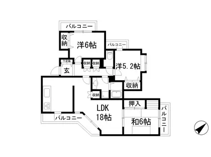 クレイドル宝松苑(3LDK/3階)の間取り写真