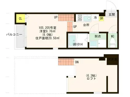 ハーモニー テラス 箱崎 II(1K/2階)の間取り写真