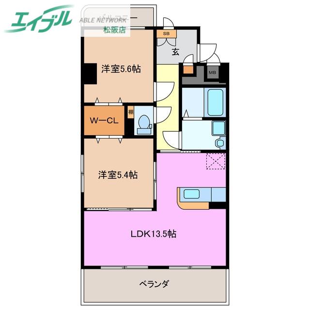 アンジューV(2LDK/5階)の間取り写真