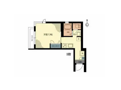 東急大井町線 大岡山駅 徒歩5分 3階建 築18年(1K/3階)の間取り写真