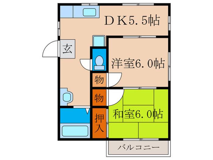 森の宮ハイツB棟(2DK/2階)の間取り写真