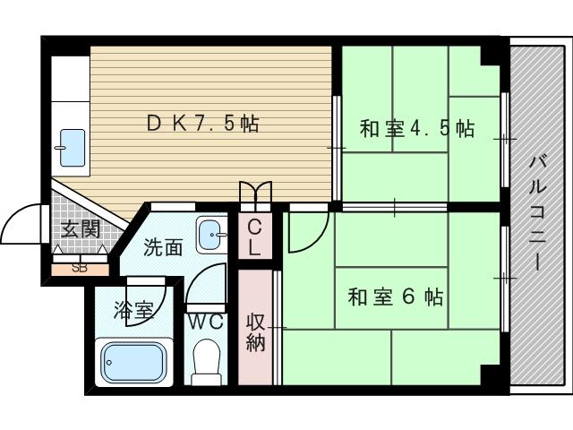 淡路第3ダイヤモンドハイム(2DK/6階)の間取り写真