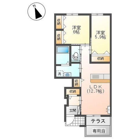 メルヴェーユⅠ(2LDK/1階)の間取り写真