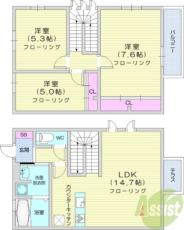 RAY ノース イースト LIBRARY B棟(3LDK/1階)の間取り写真