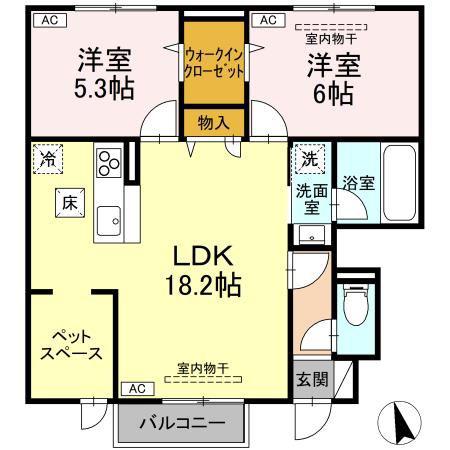 TORISIA大沢川原(2LDK/1階)の間取り写真