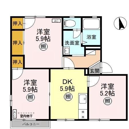 ハイツ定栄A棟(3DK/2階)の間取り写真