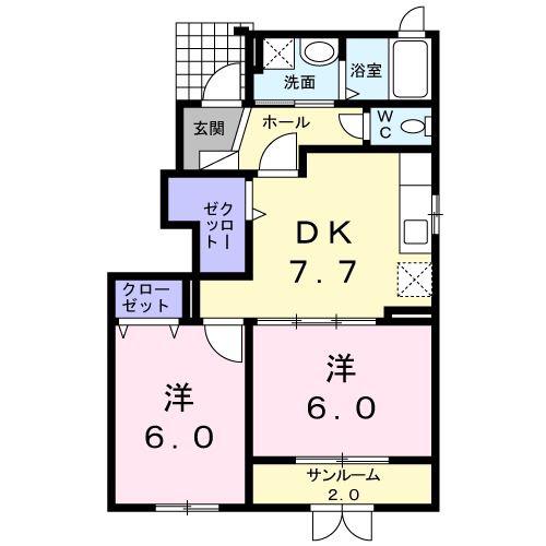 ドゥ シェ モア A(2DK/1階)の間取り写真