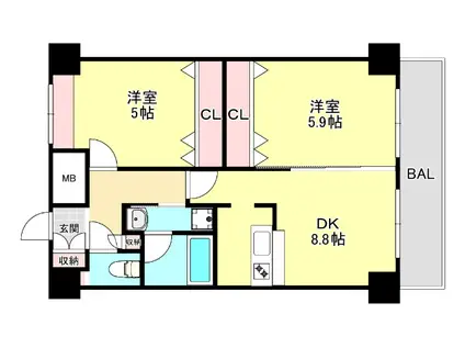 灘北レジデンス(2DK/9階)の間取り写真