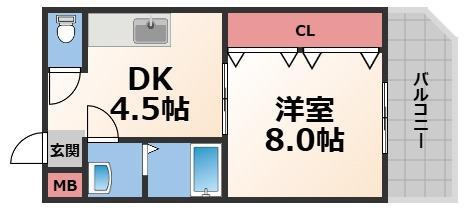 ドミール新深江(1DK/8階)の間取り写真
