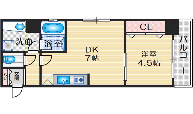 アスール江坂3RD(1DK/4階)の間取り写真