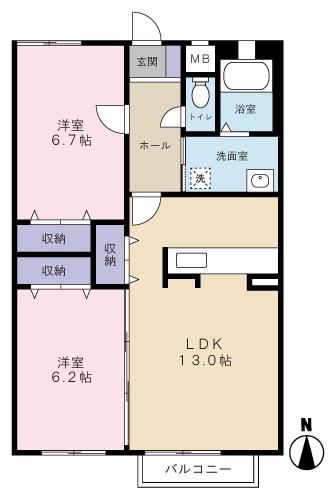 プレズイール(2LDK/2階)の間取り写真