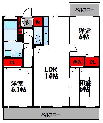ネオパレス長者原(3LDK/2階)の間取り写真