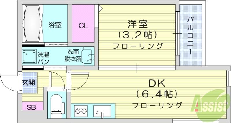 ハーモニーテラス高松6(1DK/2階)の間取り写真
