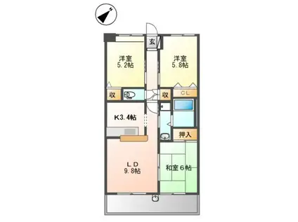 グランディール高野台(3LDK/3階)の間取り写真