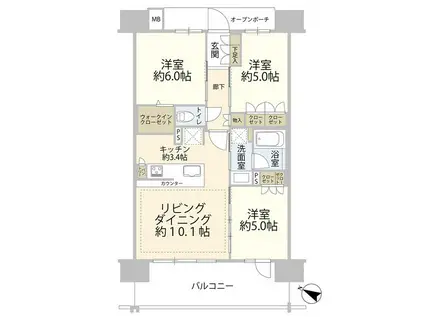 レーベン熊野前アインスゲート(3LDK/3階)の間取り写真