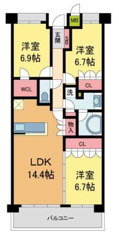 甲子園六石町ハイツ(3LDK/4階)の間取り写真