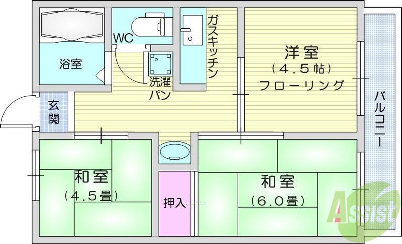 シティハイムグリーンユイB(3K/2階)の間取り写真
