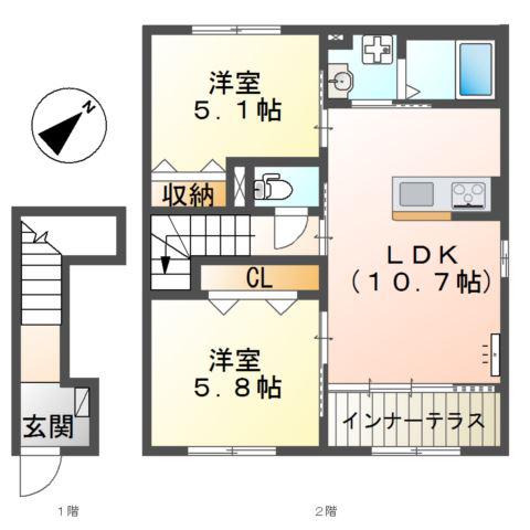 龍野町アパート(2LDK/2階)の間取り写真