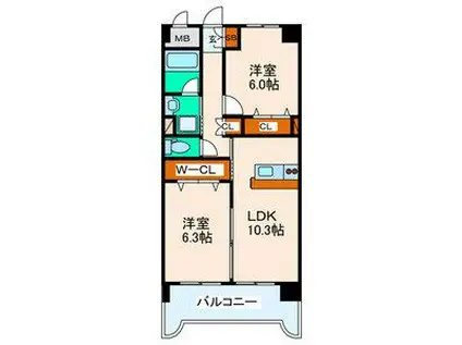 カーレヂ三浦・II(2LDK/9階)の間取り写真