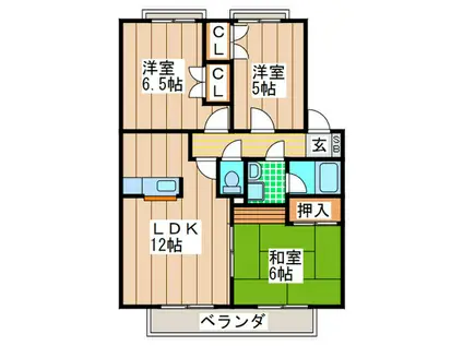 西岡ハイツ2 B棟(3LDK/1階)の間取り写真