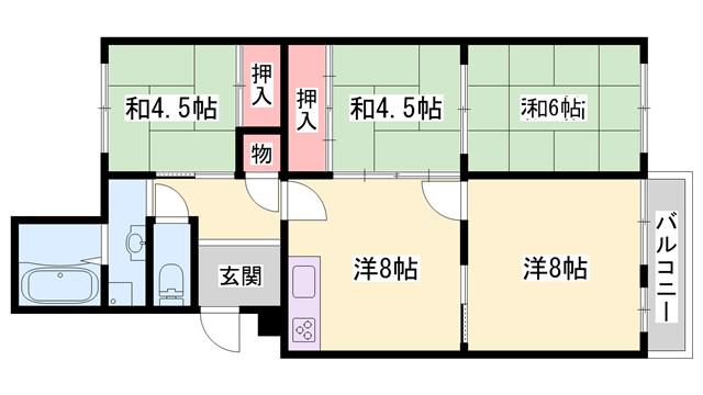 高丘台6号棟(4DK/4階)の間取り写真